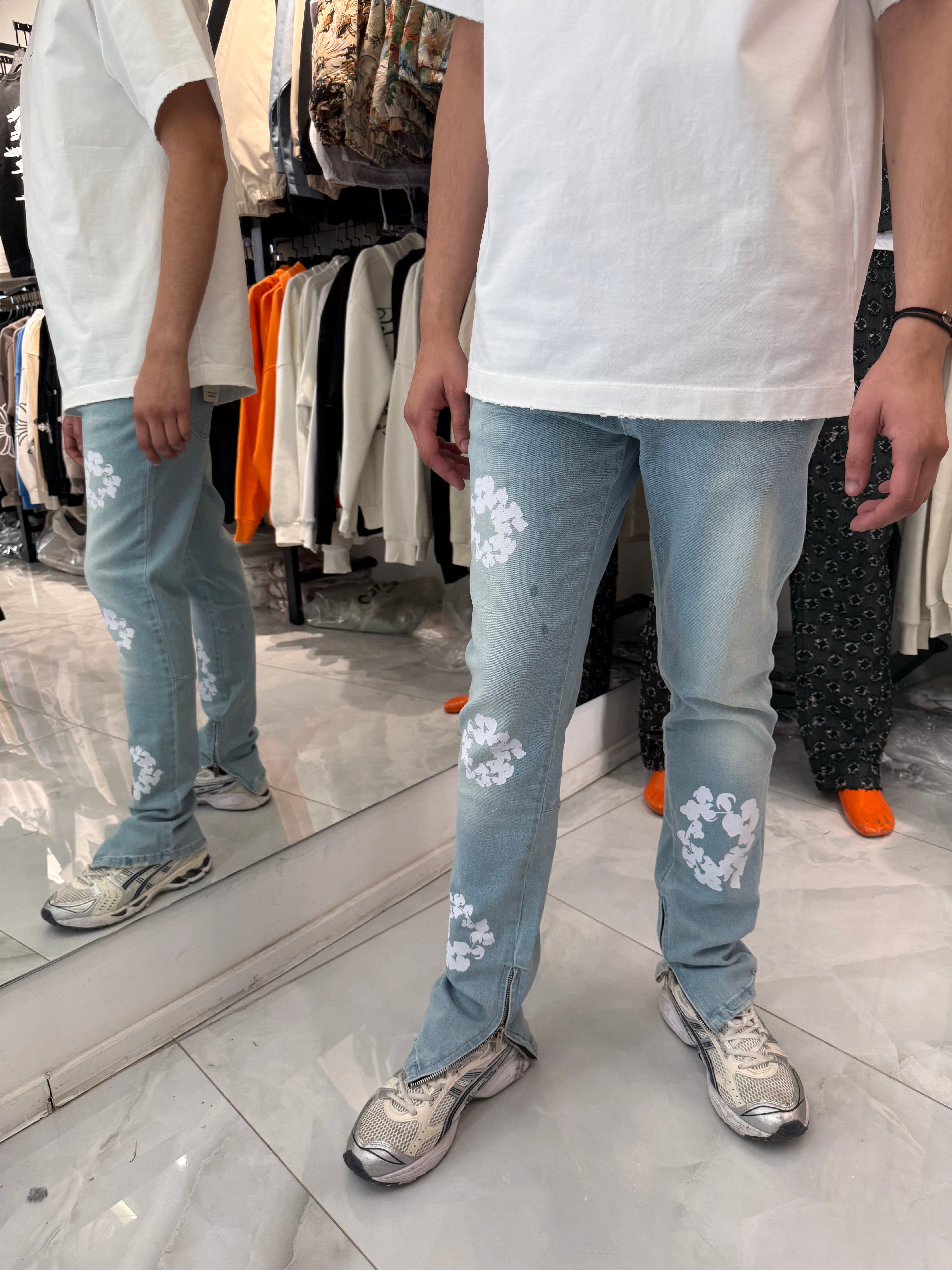 Jeans Flower zipé bleu clair