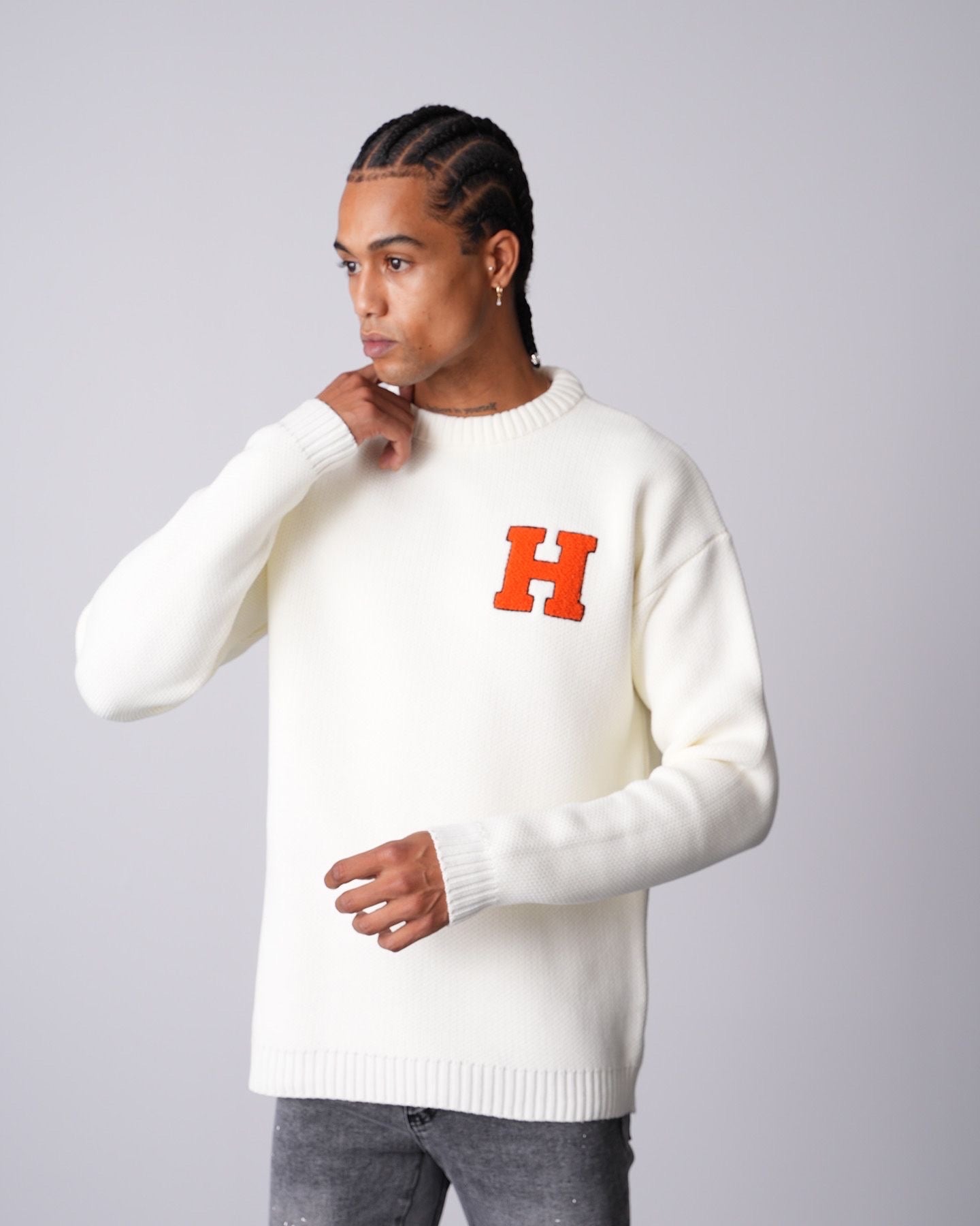 Pull Lettre H Blanc Orange