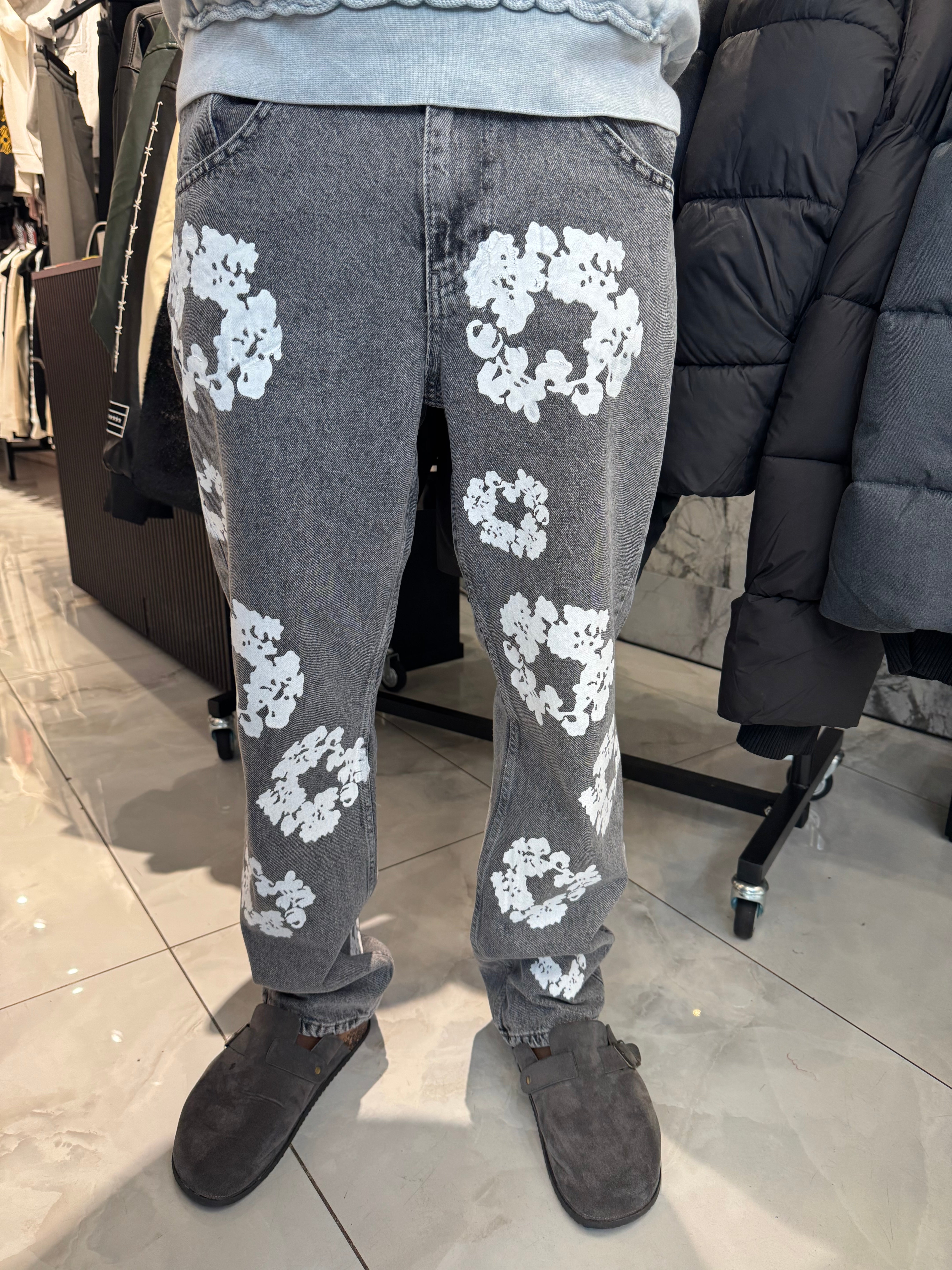 Jean Fleurs Gris Délavé