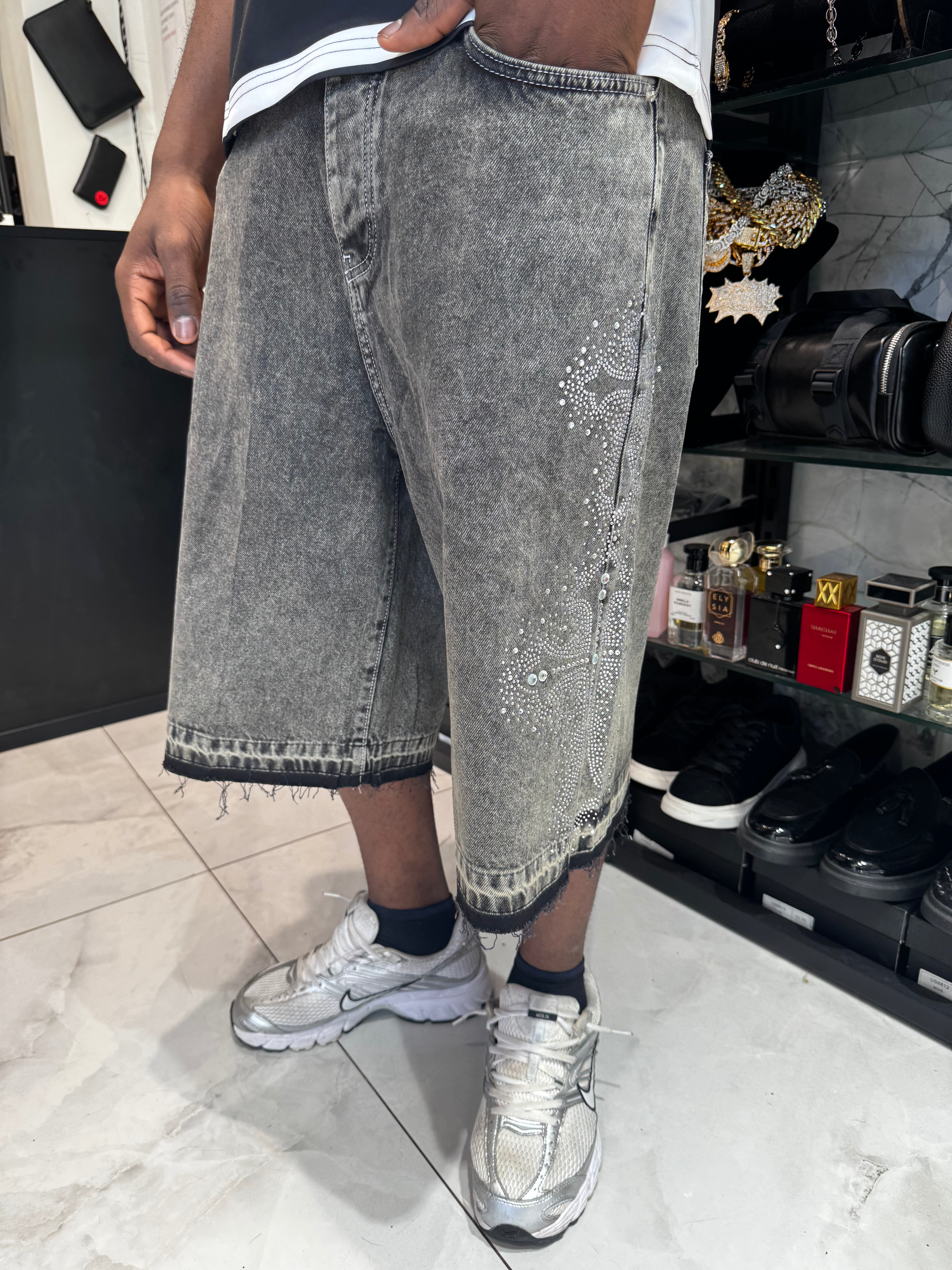 Short En Jean Strass Gris