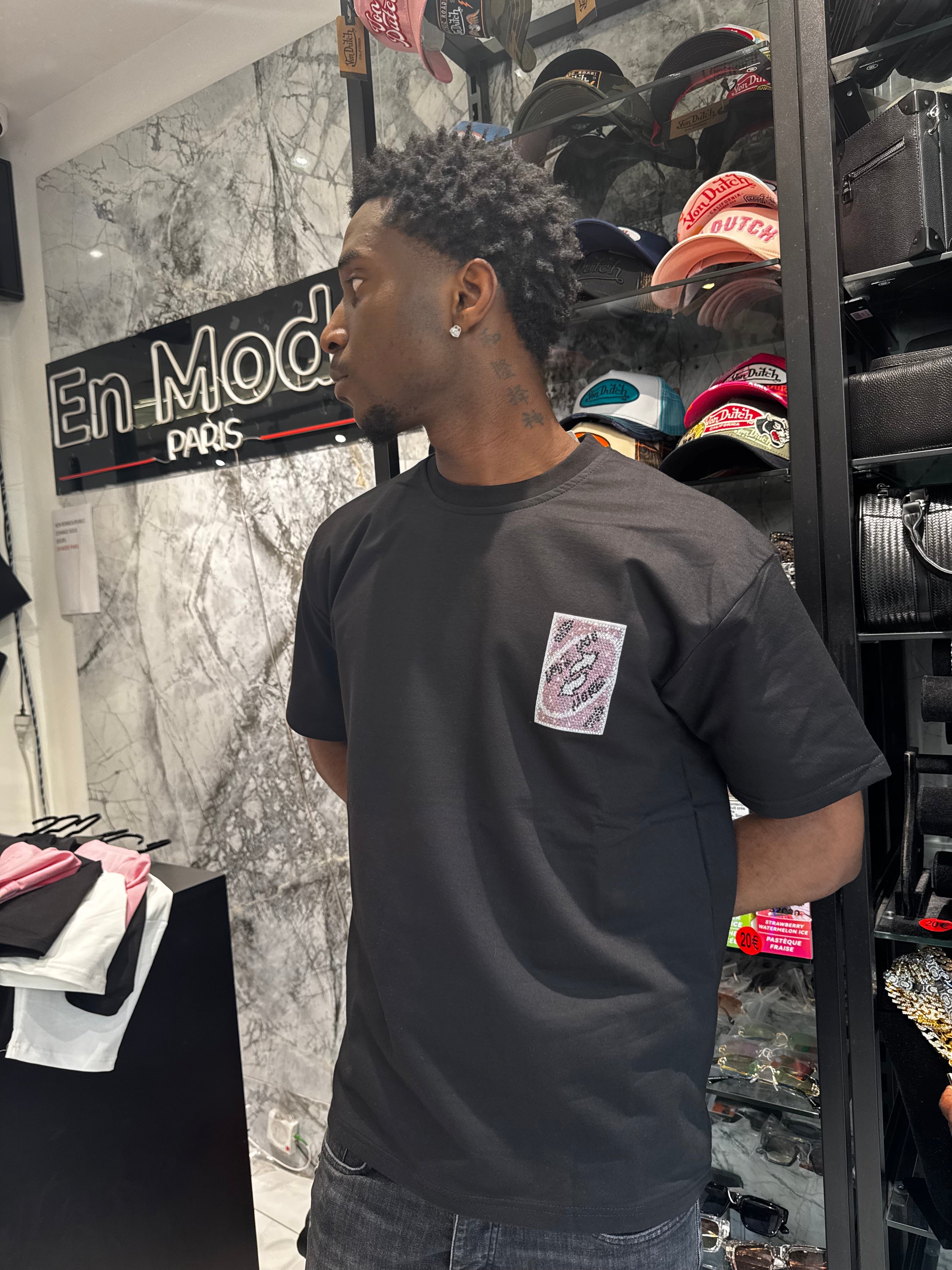 T-shirt Carte en Strass Noir
