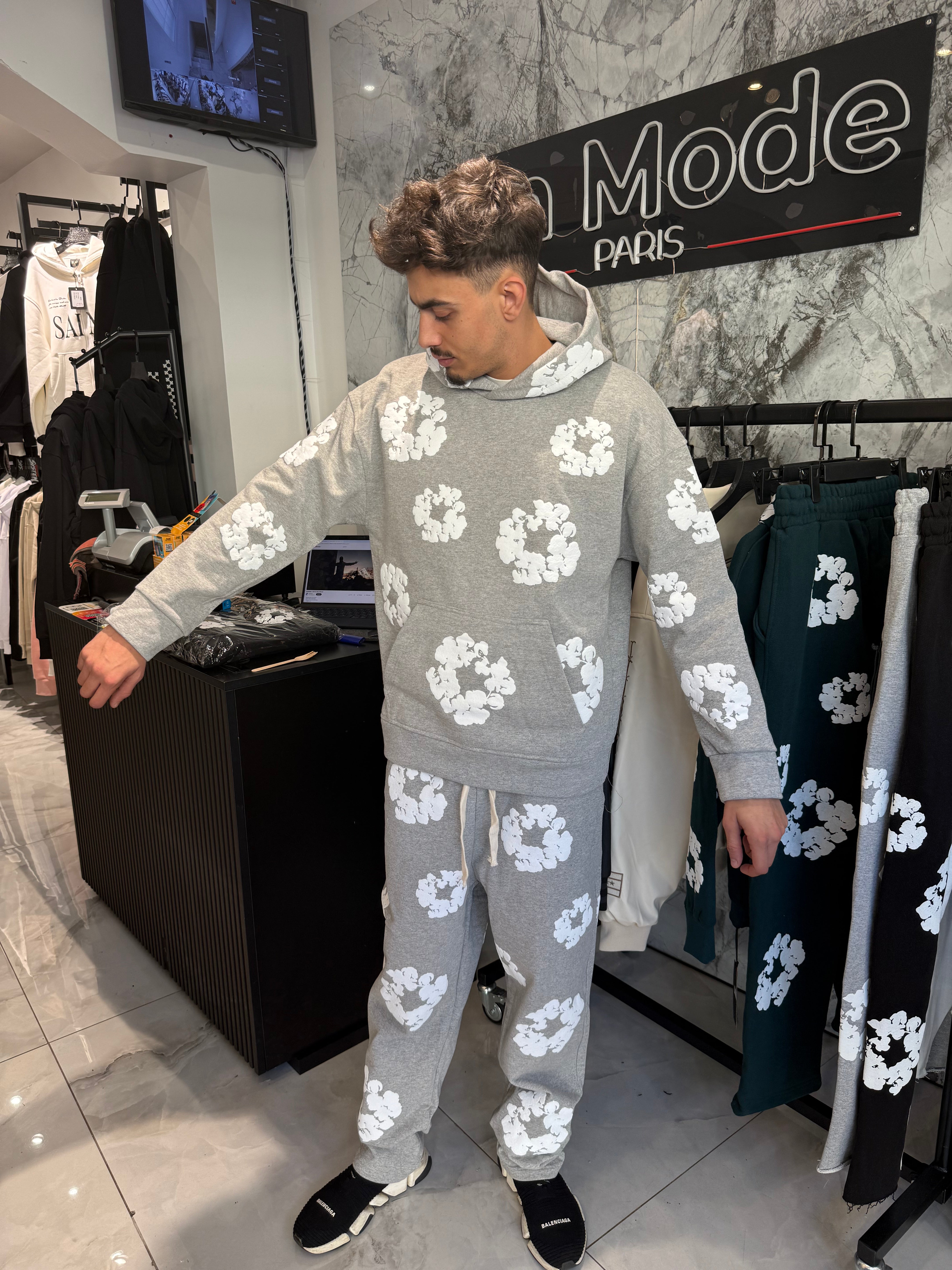 Ensemble Sweat denim Flower Gris