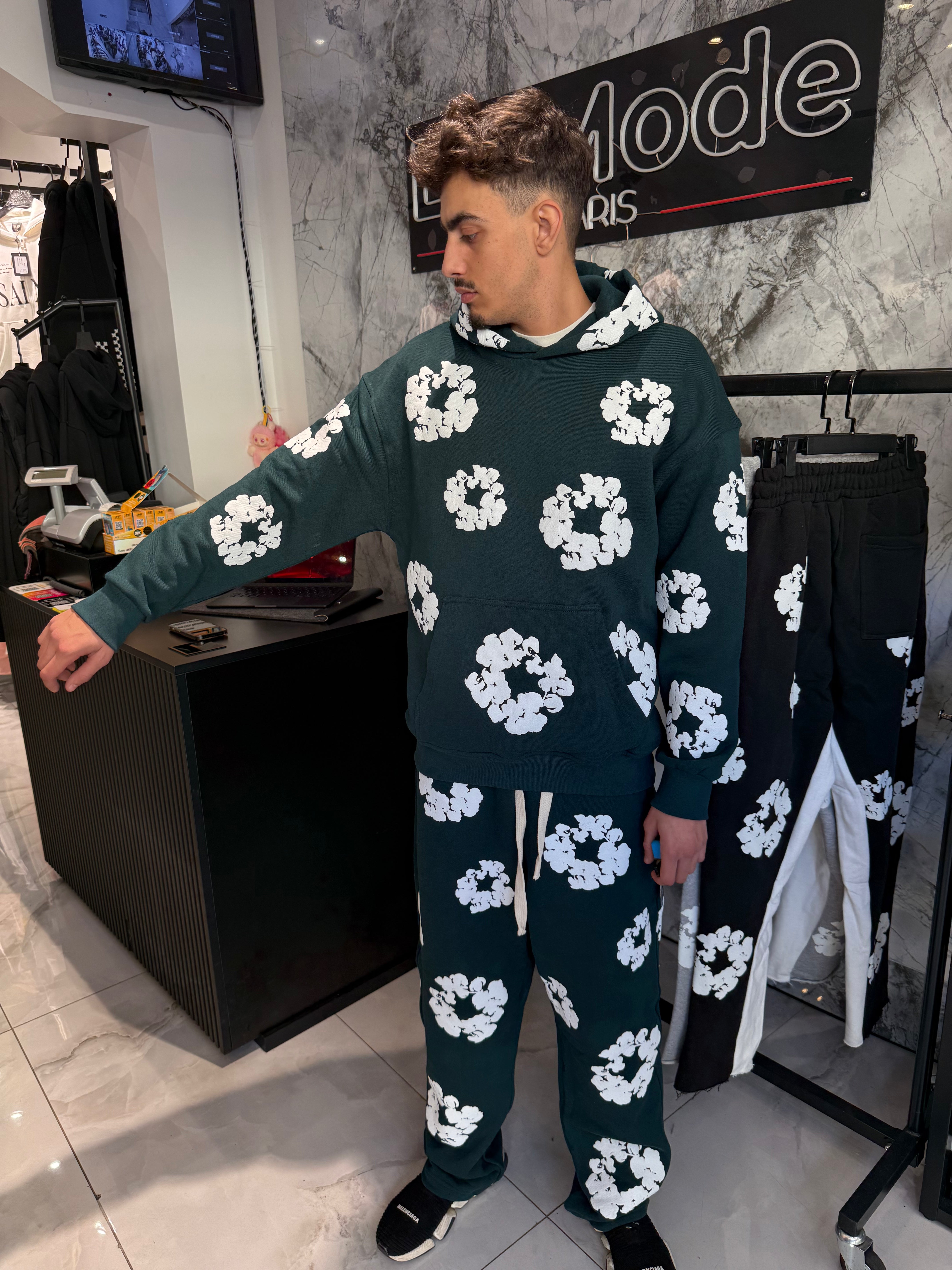 Ensemble Denim Flower Vert Bouteille